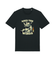 black funny animal t-shirt with the graphic of a rhino sat next to a bottle of beer and the slogan 'save the winos'