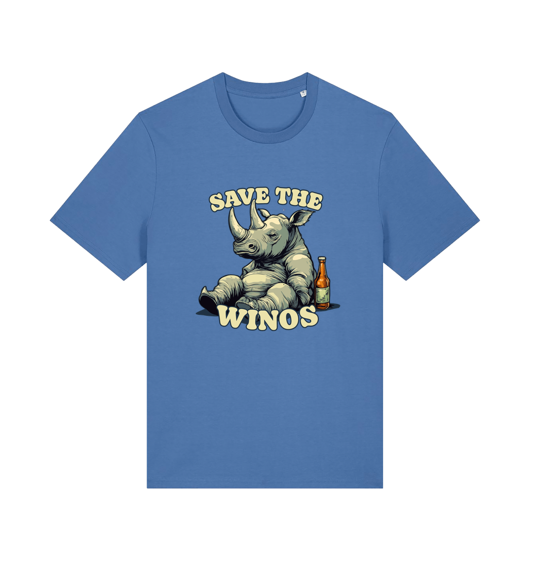 blue funny animal t-shirt with the graphic of a rhino sat next to a bottle of beer and the slogan 'save the winos'