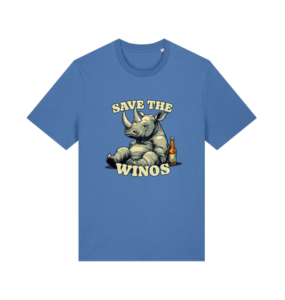 blue funny animal t-shirt with the graphic of a rhino sat next to a bottle of beer and the slogan 'save the winos'