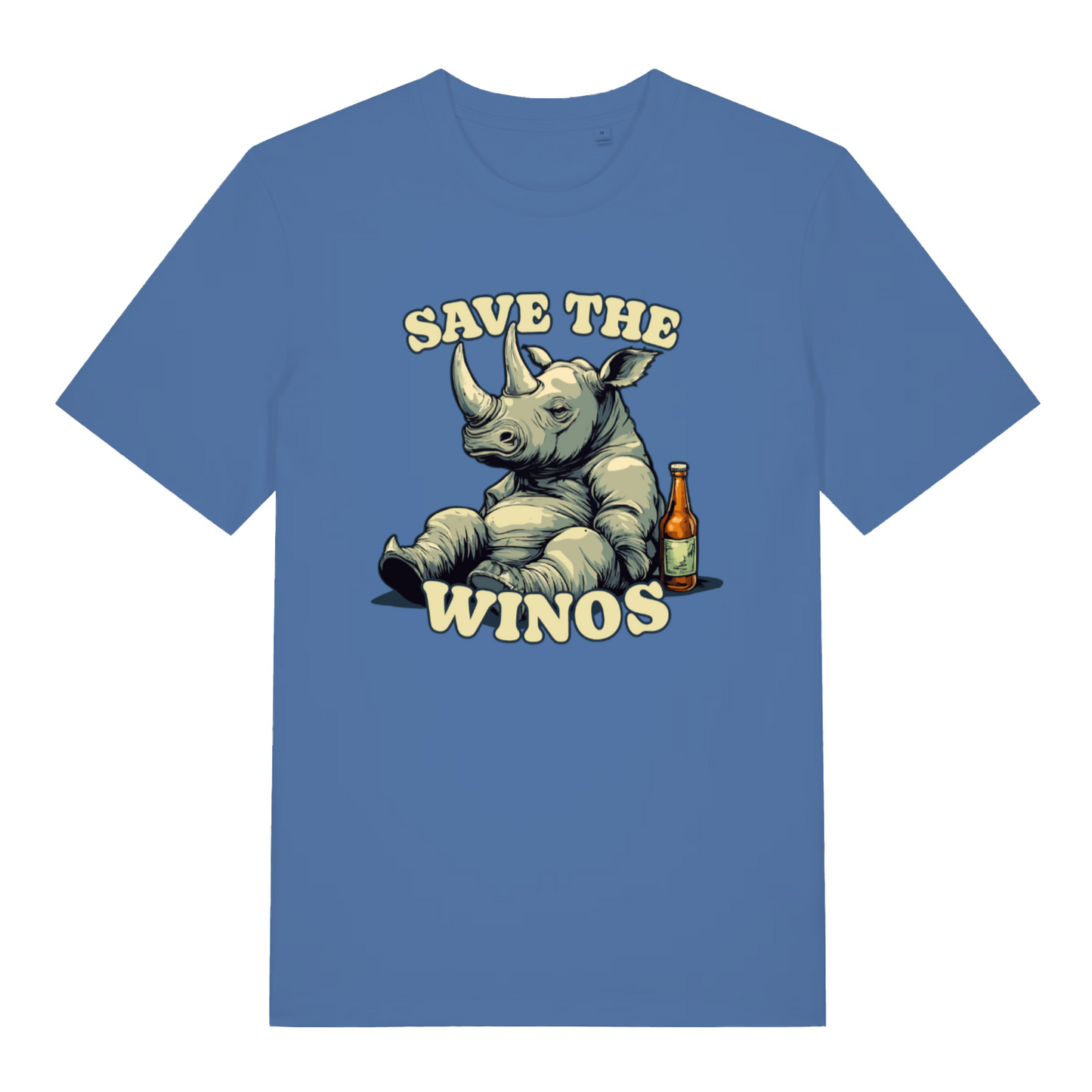 blue funny animal t-shirt with a rhino graphic and text 'Save the Winos' 