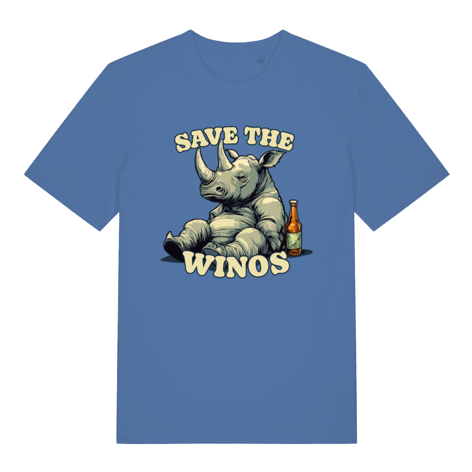 blue funny animal t-shirt with a rhino graphic and text 'Save the Winos' 