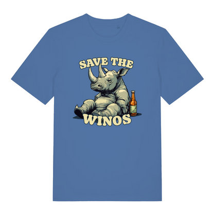 blue funny animal t-shirt with a rhino graphic and text 'Save the Winos' 