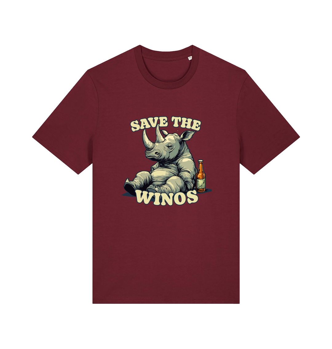 burgundy funny animal t-shirt with the graphic of a rhino sat next to a bottle of beer and the slogan 'save the winos'
