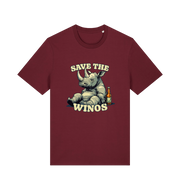 burgundy funny animal t-shirt with the graphic of a rhino sat next to a bottle of beer and the slogan 'save the winos'