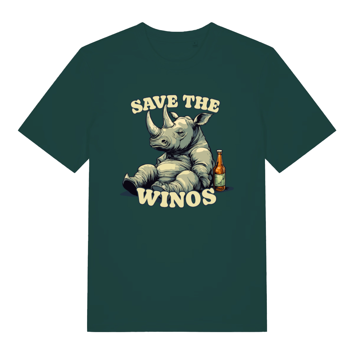 green funny animal t-shirt with a rhino graphic and text 'Save the Winos' 
