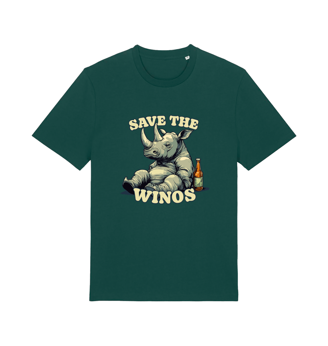 green funny animal t-shirt with the graphic of a rhino sat next to a bottle of beer and the slogan 'save the winos'