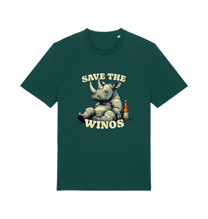 green funny animal t-shirt with the graphic of a rhino sat next to a bottle of beer and the slogan 'save the winos'