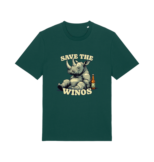 green funny animal t-shirt with the graphic of a rhino sat next to a bottle of beer and the slogan 'save the winos'