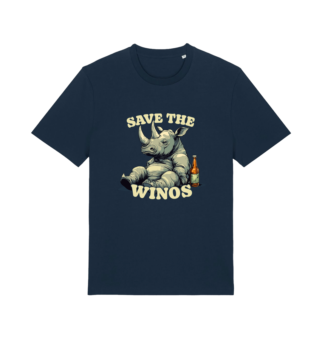 navy funny animal t-shirt with the graphic of a rhino sat next to a bottle of beer and the slogan 'save the winos'
