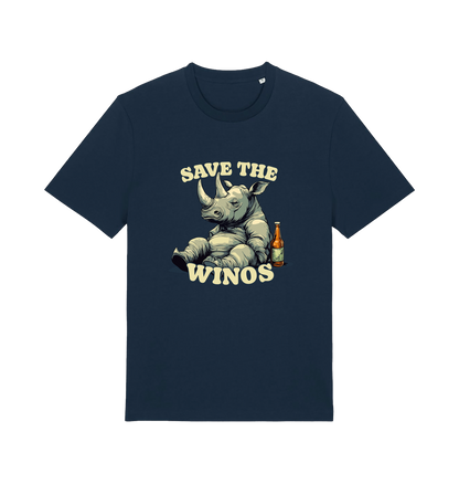 navy funny animal t-shirt with the graphic of a rhino sat next to a bottle of beer and the slogan 'save the winos'