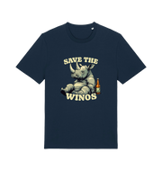 navy funny animal t-shirt with the graphic of a rhino sat next to a bottle of beer and the slogan 'save the winos'