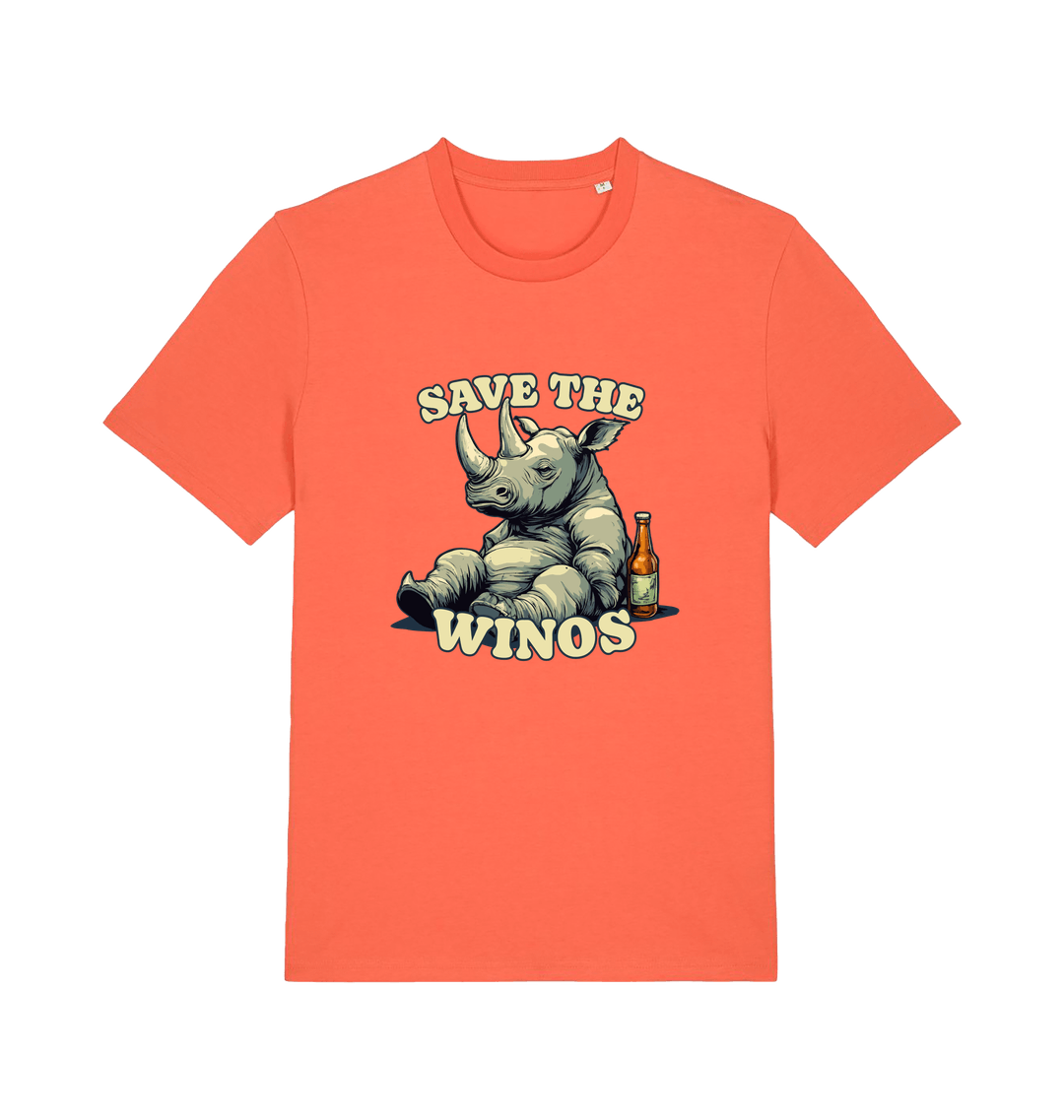 orange funny animal t-shirt with the graphic of a rhino sat next to a bottle of beer and the slogan 'save the winos'
