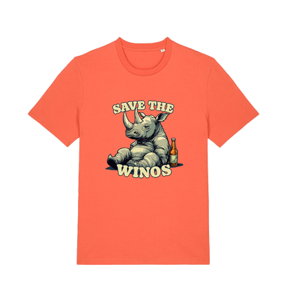 orange funny animal t-shirt with the graphic of a rhino sat next to a bottle of beer and the slogan 'save the winos'