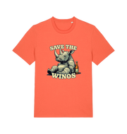 orange funny animal t-shirt with the graphic of a rhino sat next to a bottle of beer and the slogan 'save the winos'