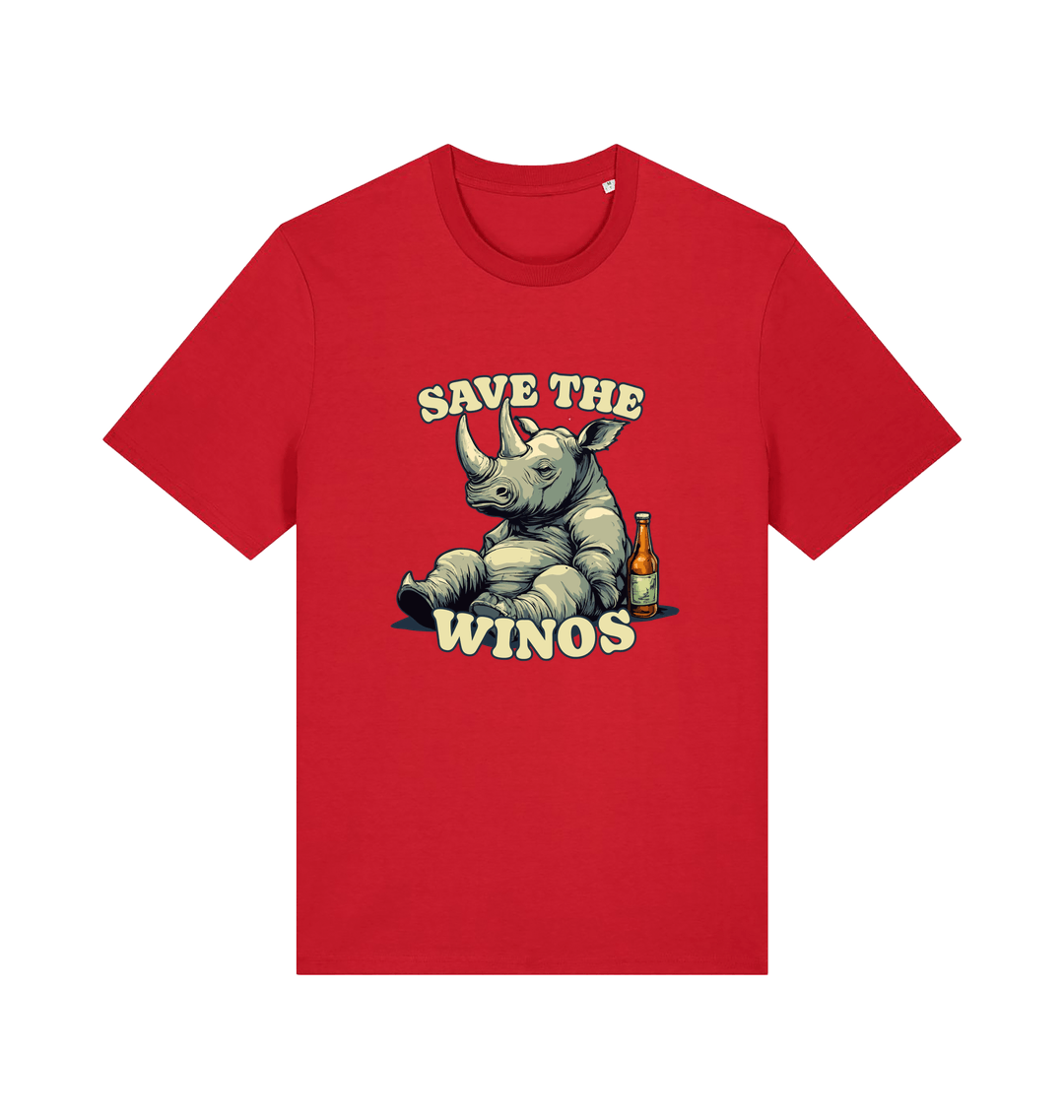 red funny animal t-shirt with the graphic of a rhino sat next to a bottle of beer and the slogan 'save the winos'