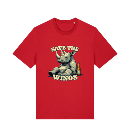 red funny animal t-shirt with the graphic of a rhino sat next to a bottle of beer and the slogan 'save the winos'