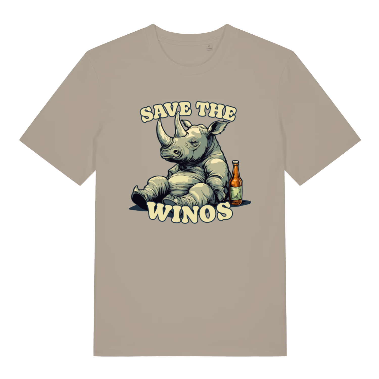 stone funny animal t-shirt with a rhino graphic and text 'Save the Winos' 