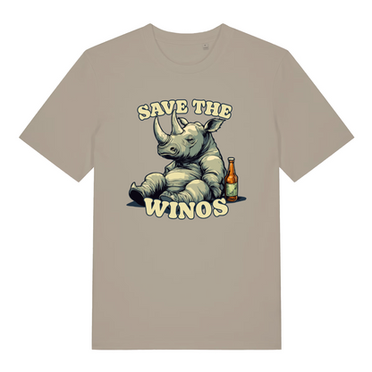 stone funny animal t-shirt with a rhino graphic and text 'Save the Winos' 