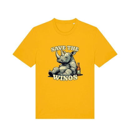 yellow funny animal t-shirt with the graphic of a rhino sat next to a bottle of beer and the slogan 'save the winos'