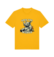 yellow funny animal t-shirt with the graphic of a rhino sat next to a bottle of beer and the slogan 'save the winos'