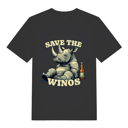 Black Save The Winos funny graphic t-shirt with chilled rhino and beer bottle  