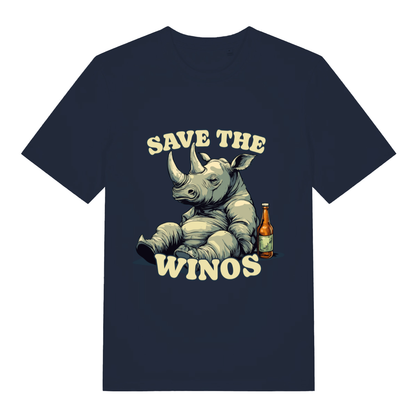 Navy Save The Winos funny graphic t-shirt featuring cheeky ladies pub banter design  
