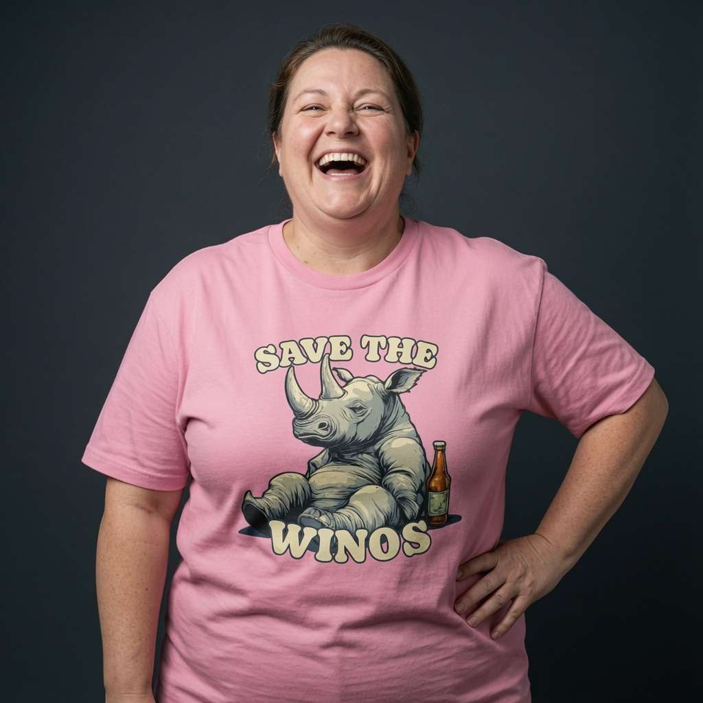 Woman laughing with one hand on her hip in a pink Save the Winos t-shirt, funny ladies witty rhino pun full of pure attitude