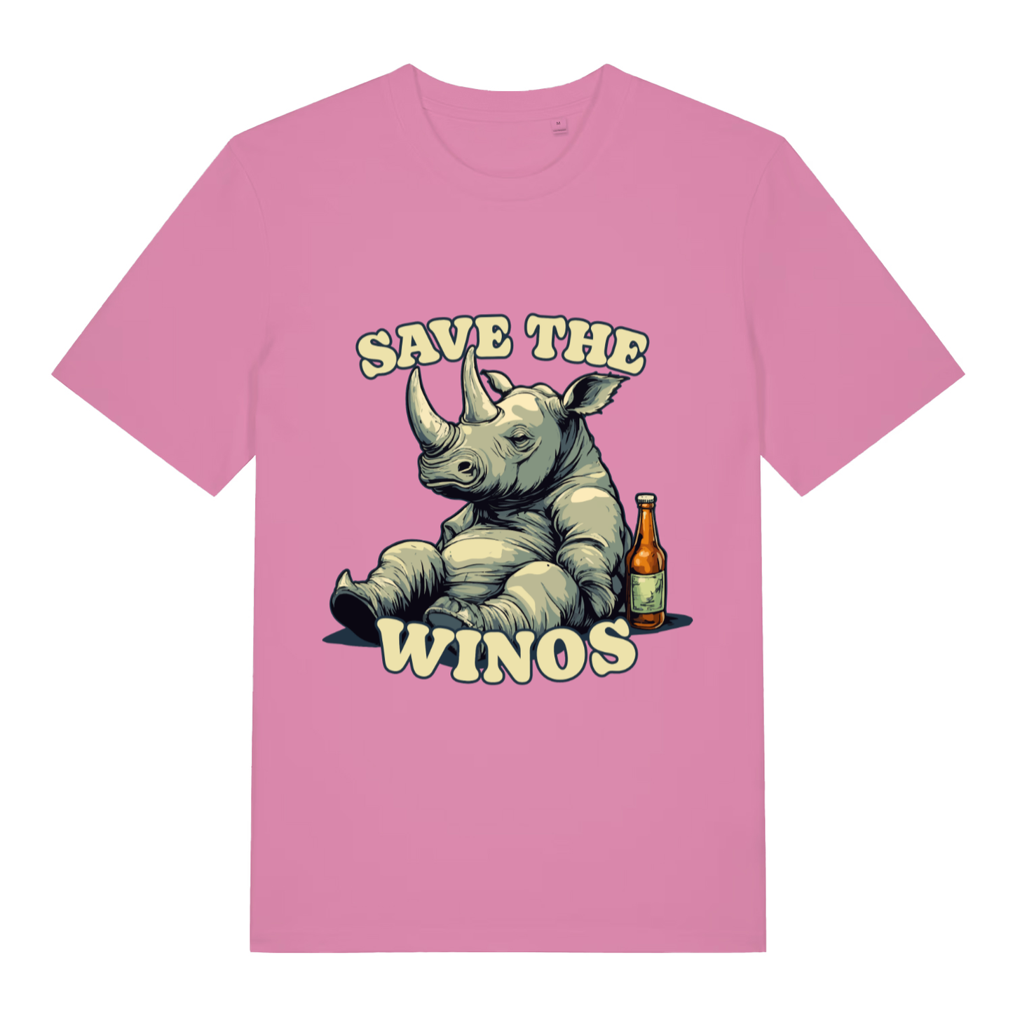 Pink Save The Winos funny graphic t-shirt with bold rhino and winos lettering  