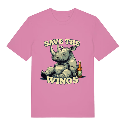 Pink Save The Winos funny graphic t-shirt with bold rhino and winos lettering  