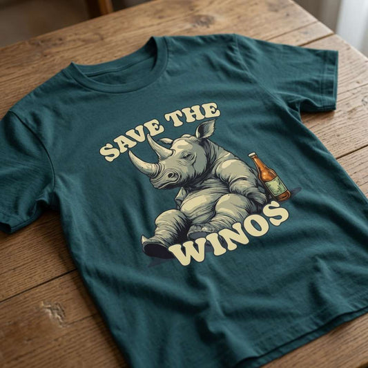 Teal green Save the Winos t-shirt laid flat on a wooden surface showing the full rhino graphic, cheeky ladies witty animal pun design that every wine-loving woman will claim