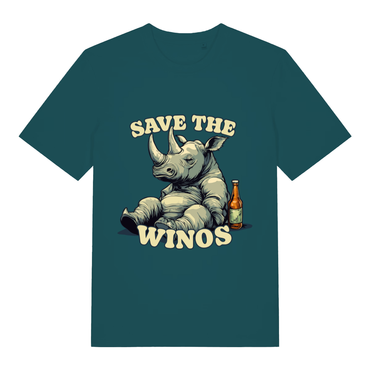 Stargazer Save The Winos funny graphic t-shirt showing classic hungover rhino artwork  