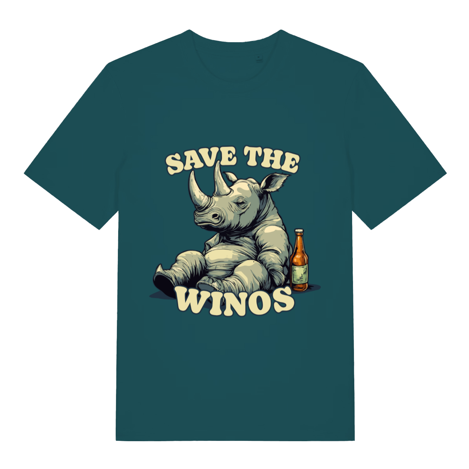 Stargazer Save The Winos funny graphic t-shirt showing classic hungover rhino artwork  