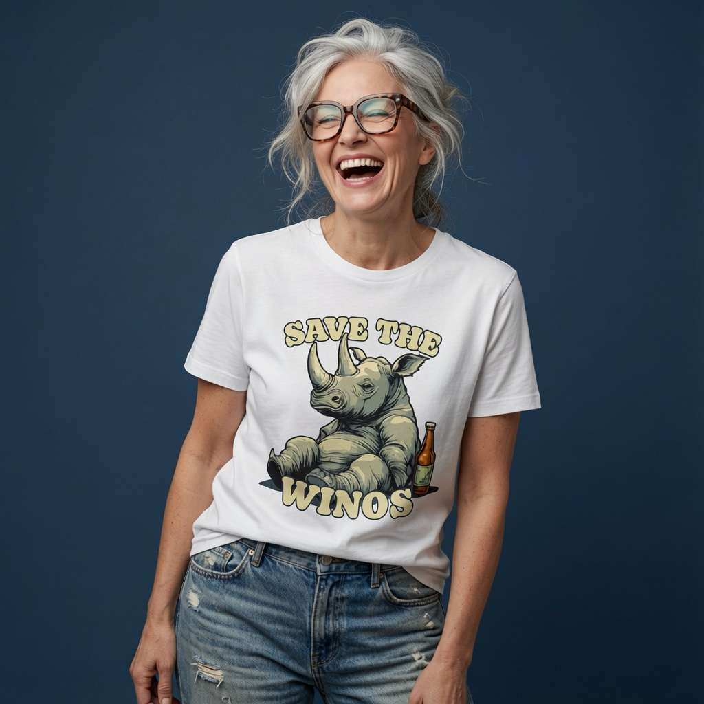 Woman with grey hair and glasses laughing while wearing a white Save the Winos t-shirt featuring a chilled rhino with a beer bottle, funny ladies rhino pun graphic