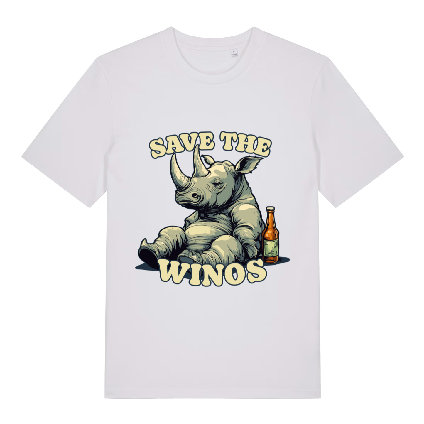 White Save The Winos funny graphic t-shirt featuring ultimate pub rhino design  