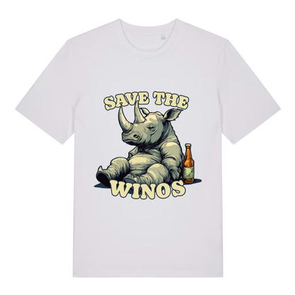 White Save The Winos funny graphic t-shirt featuring ultimate pub rhino design  