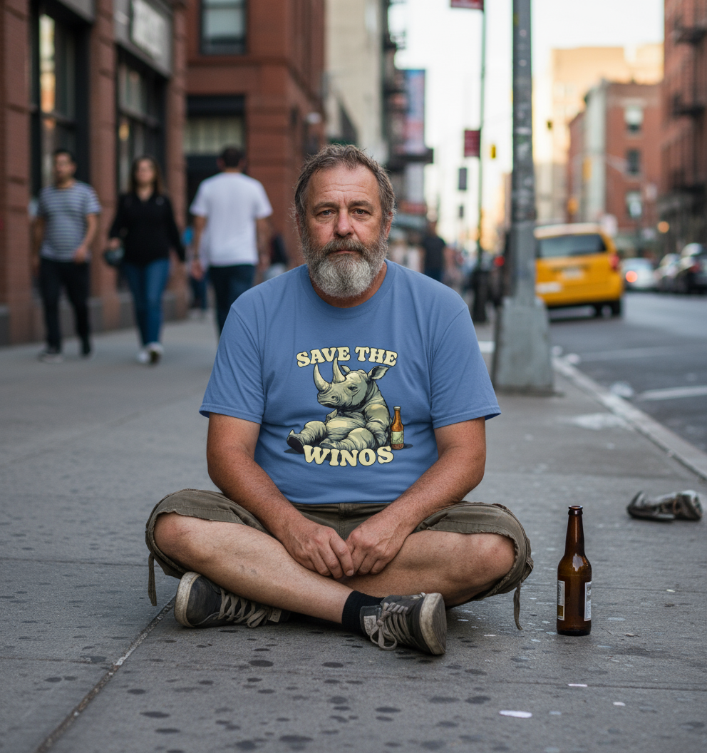 Man sitting on a city street wearing a funny animal t-shirt with a humorous graphic and text.