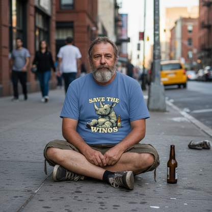 Man sitting on a city street wearing a blue t-shirt with a graphic and text.