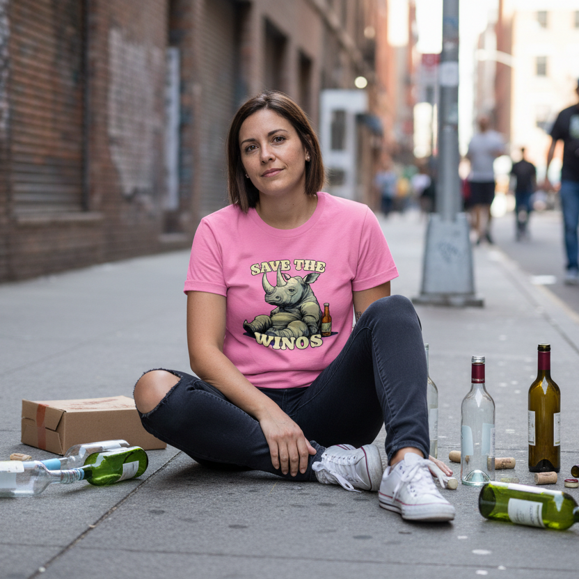 Woman sitting on a city street wearing a pink 'Save the Wings' t-shirt with bottles around her.