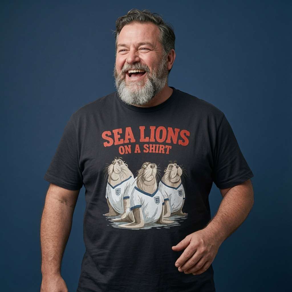 Bearded man laughing in a black Sea Lions on a Shirt t-shirt, funny mens England football three lions design that every Three Lions fan will claim