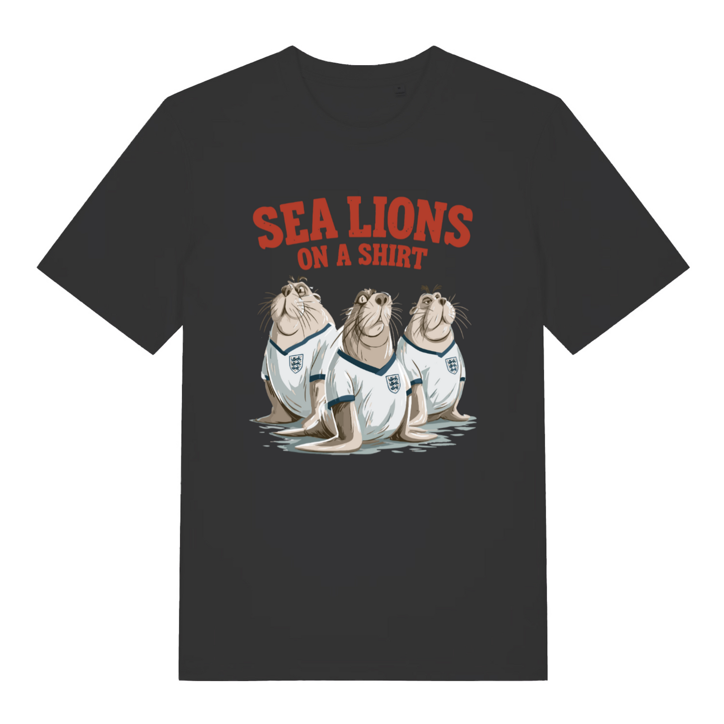black sports t-shirt with the graphic of three sea lions wearing England shirts and the slogan 'sea lions on a shirt'
