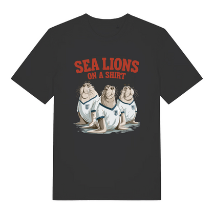 black sports t-shirt with the graphic of three sea lions wearing England shirts and the slogan 'sea lions on a shirt'