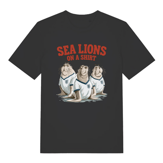 black sports t-shirt with the graphic of three sea lions wearing England shirts and the slogan 'sea lions on a shirt'