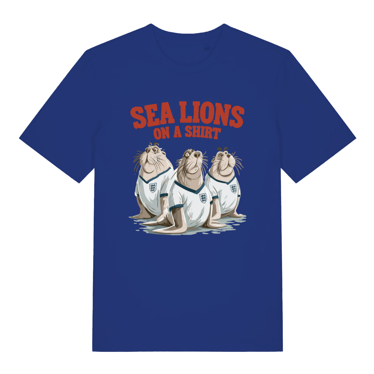 blue sports t-shirt with the graphic of three sea lions wearing England shirts and the slogan 'sea lions on a shirt'