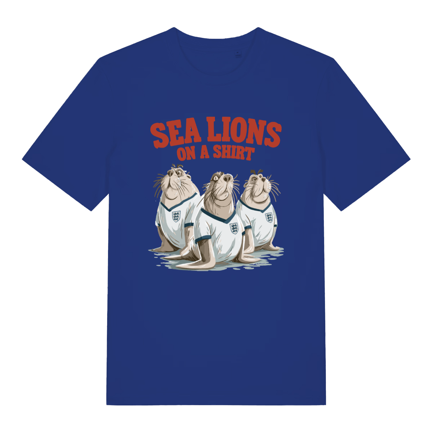 blue sports t-shirt with the graphic of three sea lions wearing England shirts and the slogan 'sea lions on a shirt'