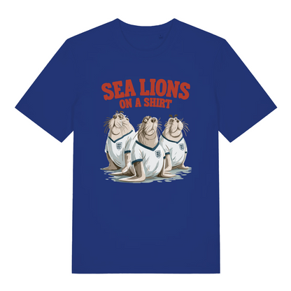 blue sports t-shirt with the graphic of three sea lions wearing England shirts and the slogan 'sea lions on a shirt'