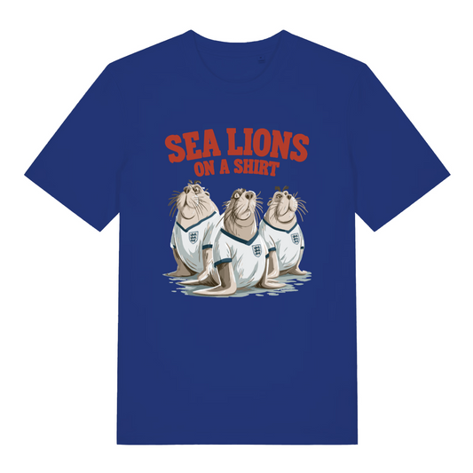 blue sports t-shirt with the graphic of three sea lions wearing England shirts and the slogan 'sea lions on a shirt'