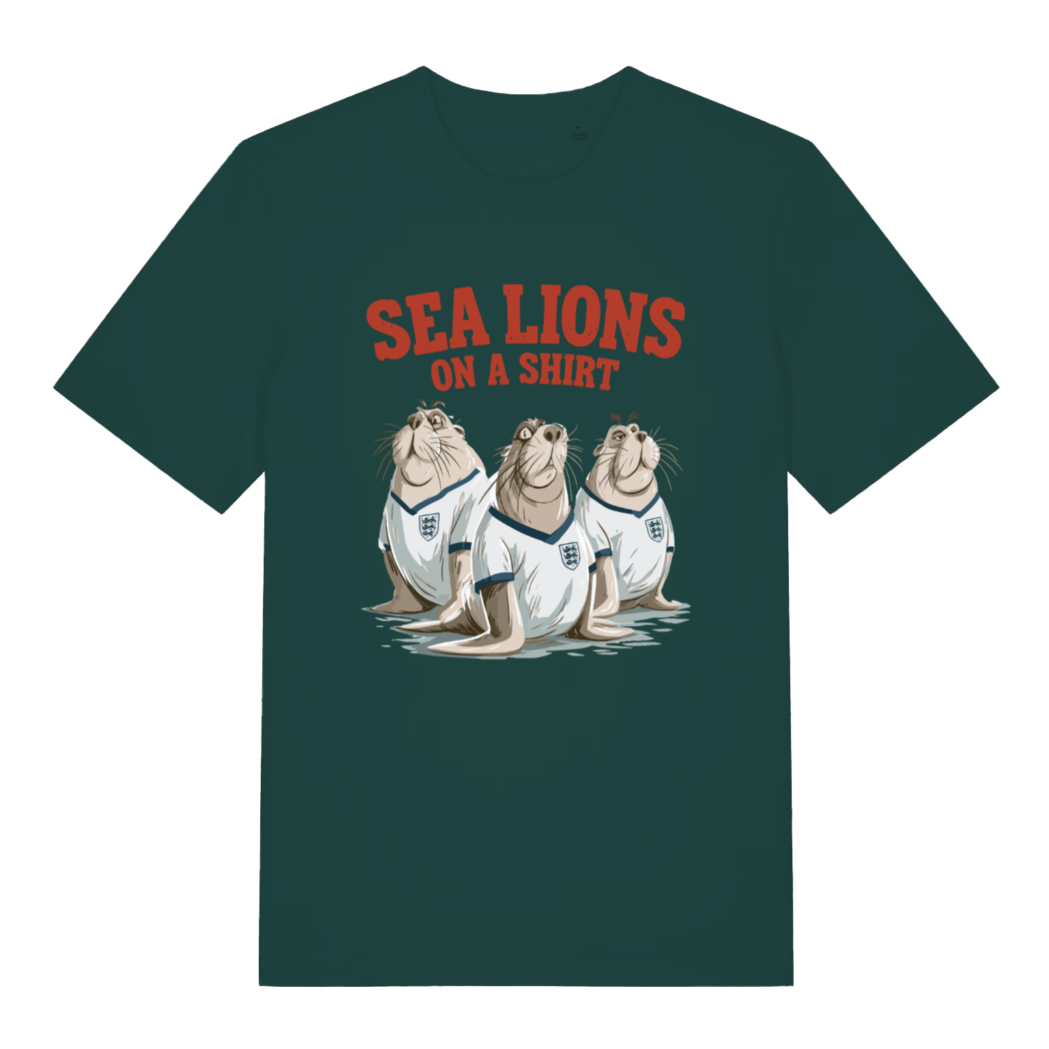 green sports t-shirt with the graphic of three sea lions wearing England shirts and the slogan 'sea lions on a shirt'