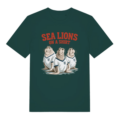 green sports t-shirt with the graphic of three sea lions wearing England shirts and the slogan 'sea lions on a shirt'