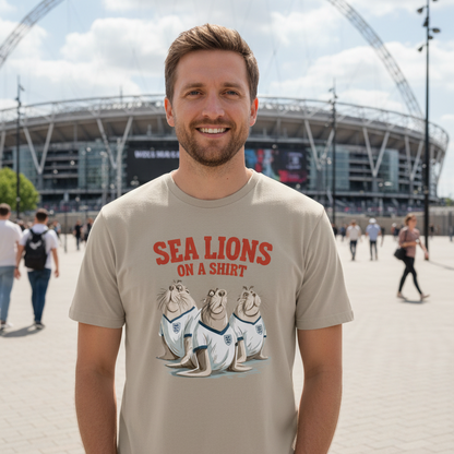 Man wearing a t-shirt with 'Sea Lions on a Shirt' design in front of a stadium.