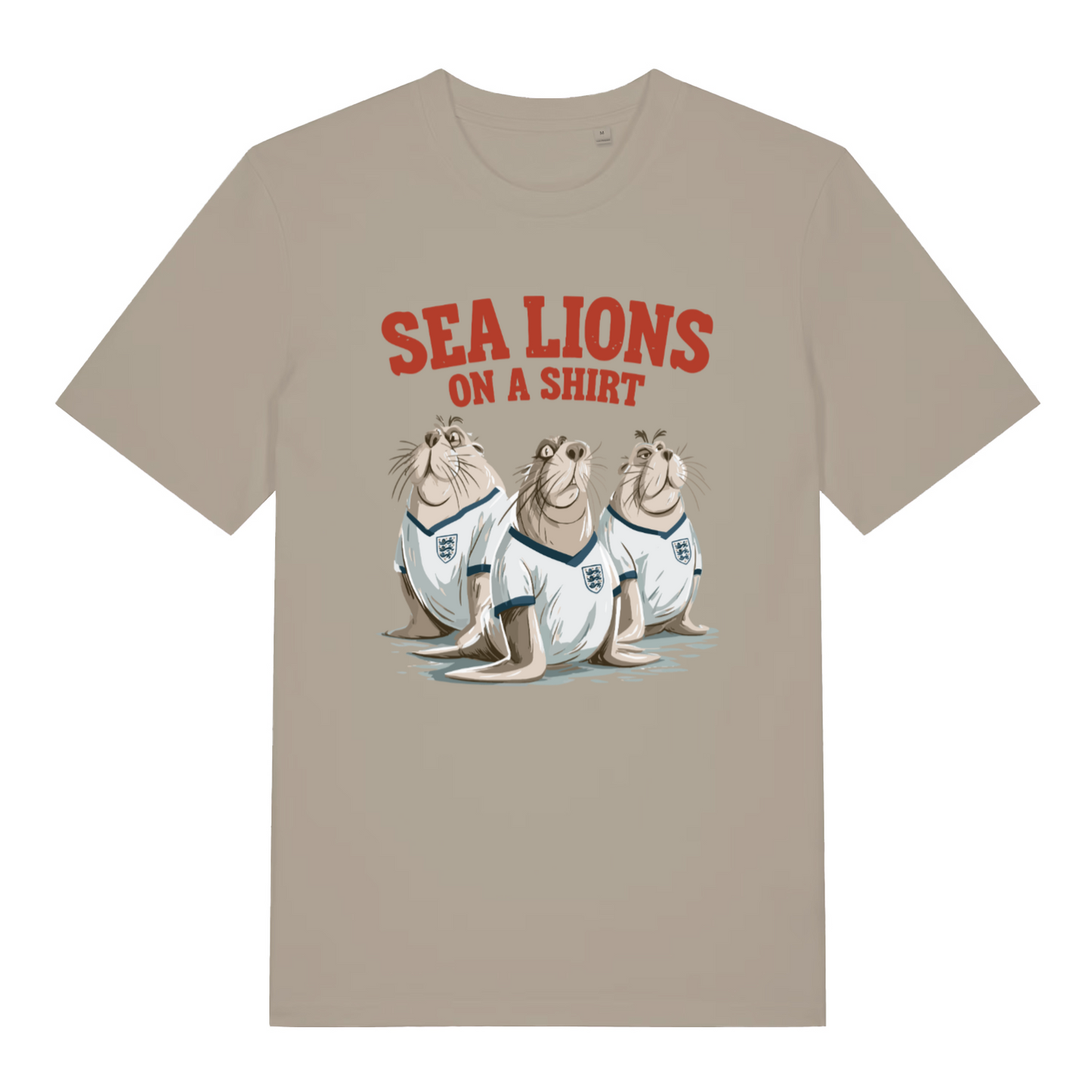 stone sports t-shirt with the graphic of three sea lions wearing England shirts and the slogan 'sea lions on a shirt'